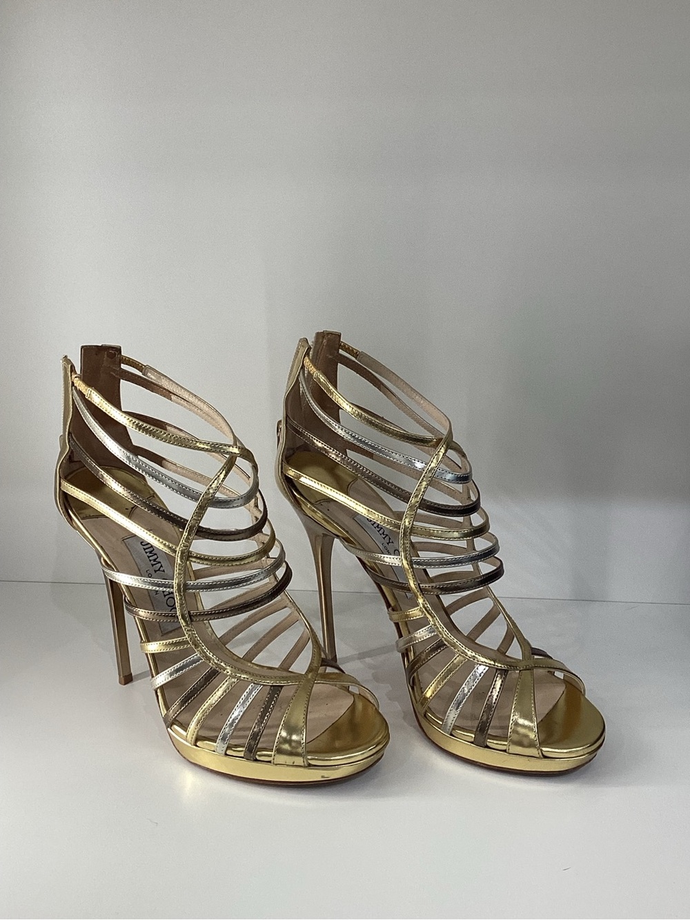 Sz 38 Jimmy Choo Gold Silver High Heels Sandals Shoes